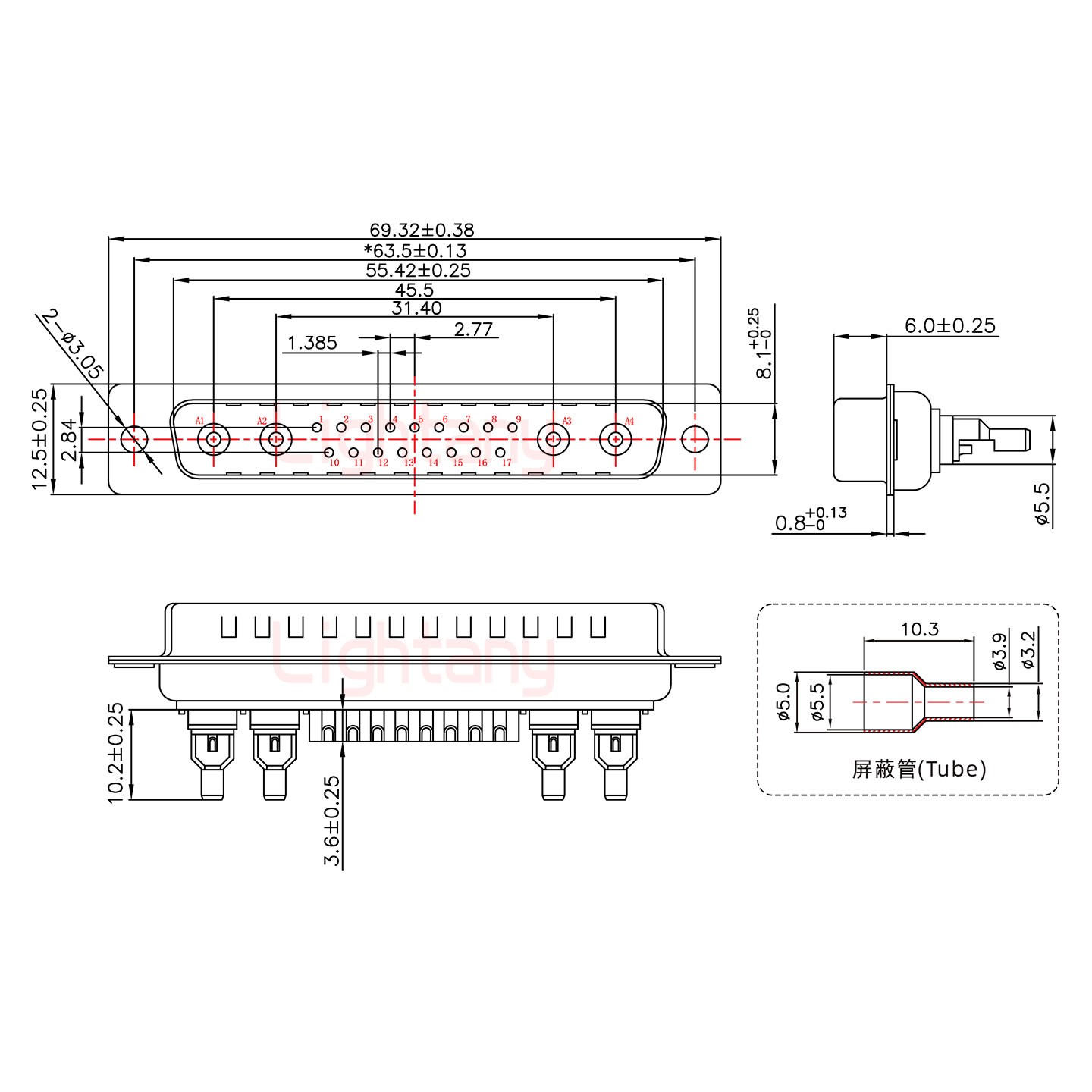 21W4公焊線式50歐姆+37P金屬外殼967斜出線4~12mm