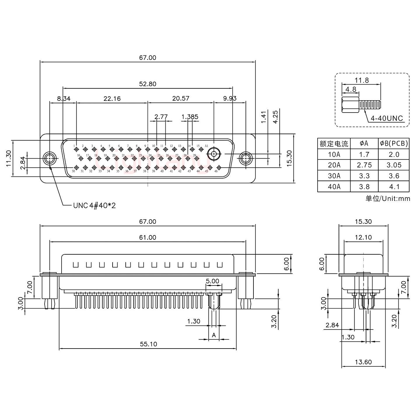 47W1公PCB直插板/鉚魚(yú)叉7.0/大電流20A